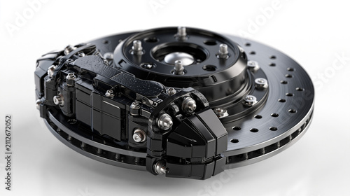 Black brake caliper with a drilled rotor isolated on a white background, high-performance automotive engineering concept, with copy space