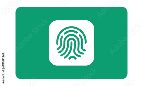 Flat style emerald green security card featuring a stylized white fingerprint graphic, isolated on white. Digital identity access concept