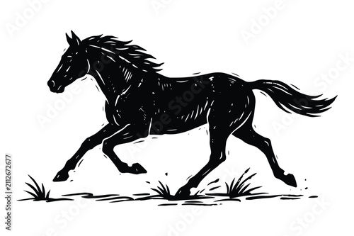 Fotografie Galloping horse running across open field meadow vector illustration with gallop