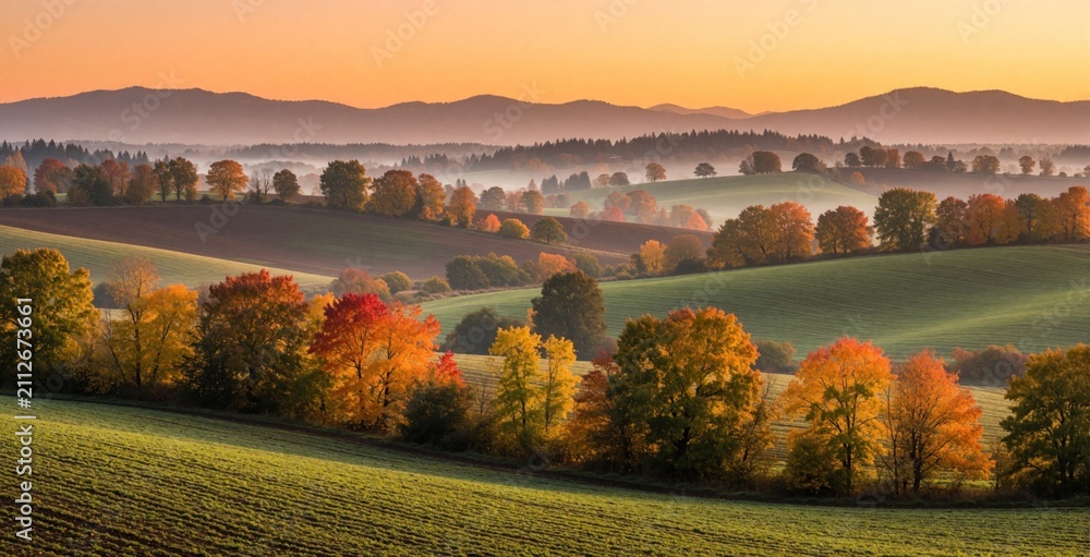 Fototapeta premium Panoramic view of rural farmland landscape in autumn. Rolling green hills with colorful foliage trees during sunset under golden sky. Mist settles in valley between mountains. Nature scenery features