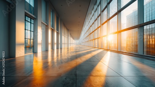 A modern glass hallway with natural light streaming through large windows, casting long shadows on the polished floor. The architectural design evokes a sense of space and contemporary elegance
