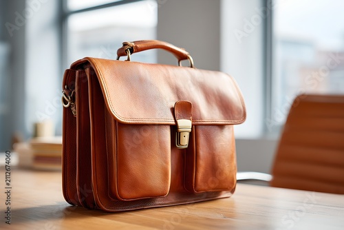 A classic brown leather briefcase sits on a wooden desk, ready for a day of work or travel. Its timeless design and sturdy construction speak of professionalism and durability