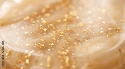 Abstract macro background of glossy beige liquid resin with shimmering gold leaf flakes, luxury elegant texture