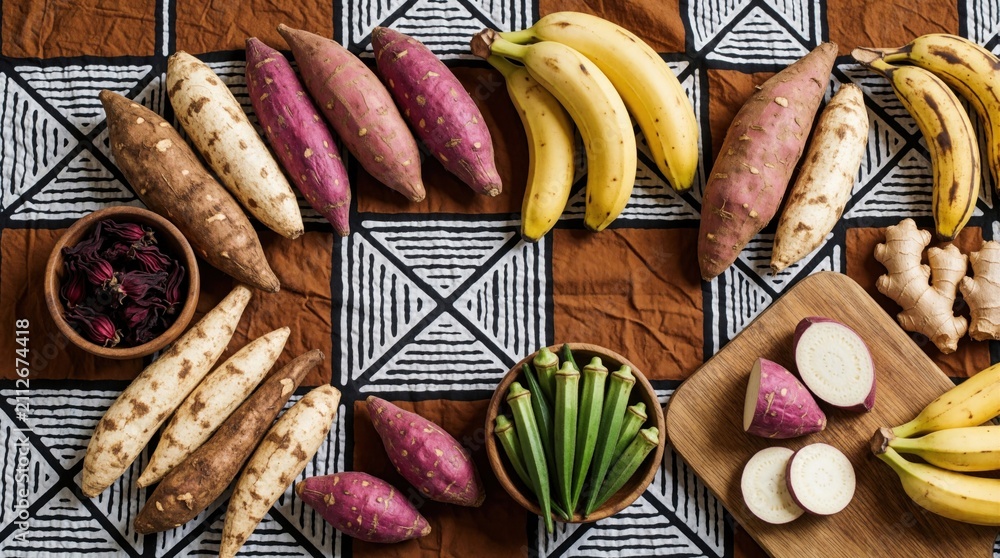 Obraz premium Assortment of fresh West African root vegetables, tropical fruits arranged on traditional brown mud cloth fabric. Raw yam cassava plantain sweet potato okra ginger hibiscus flowers display colorful