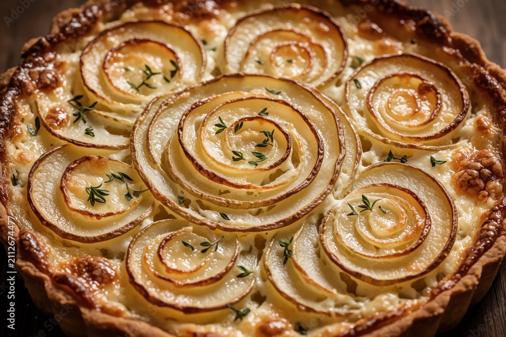 Fototapeta premium Golden baked potato tart with swirls of cheese and herbs. Flaky pastry crust filled with creamy potato layers and fresh green thyme sprigs. Delicious homemade savory bake ready for serving.