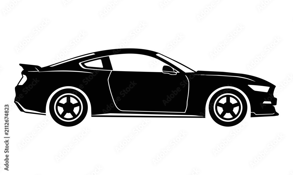 Naklejka premium Black silhouette of a sleek sports coupe in a simple flat graphic style, isolated on white. Automotive concept