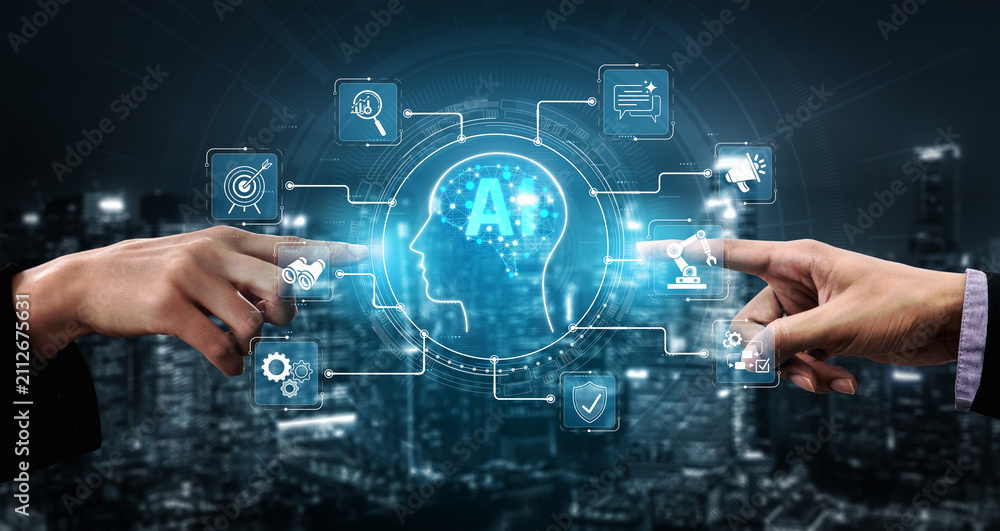 Fototapeta premium Hands Engaging in Digital Interaction with Artificial Intelligence Concept Surrounded by Futuristic Elements and Urban Skyline Background Sigmoid