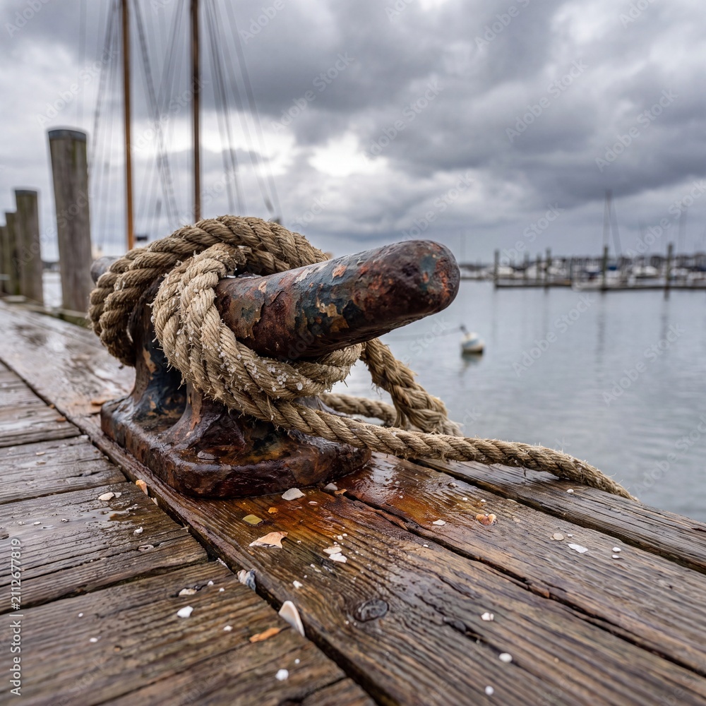 Fototapeta premium Old rusty mooring bollard on a wooden pier. Nautical rope tied to a dock at a marina.