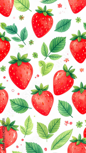 Watercolor Strawberry Pattern with Green Leaves