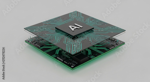 Intricate layers of a futuristic artificial intelligence processor featuring glowing teal circuitry and an 