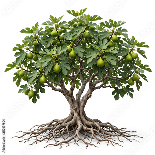 Panache Tiger Fig tree, mature full tree bearing green figs with bright yellow stripes, exposed visible roots, 11 ratio, isolated on seamless pure white background