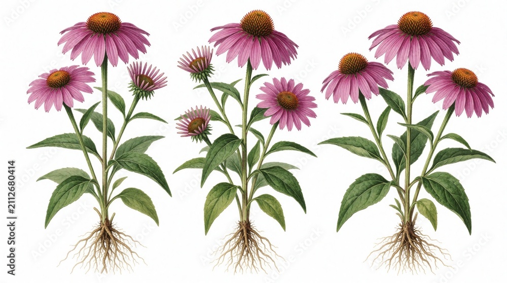 Obraz premium Three purple echinacea flowers with green stems, visible roots on white background. Botanical illustration of wild medicinal plants for health design. Floral artwork shows blooming summer bloom