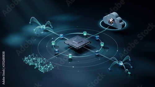 Microchip core functions as a central processing unit that links various digital network clouds and data structures.