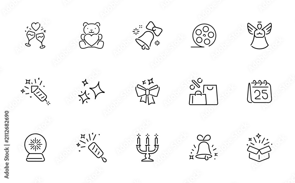 Fototapeta premium Collection of festive and celebratory line art icons for holidays and special occasions