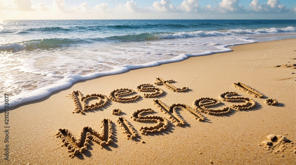 Obraz premium Best wishes written in golden sand on tropical beach. Soft ocean waves wash shore near handwritten message. Summer holiday vacation scene with calm sea water. Blue sky reflects on wet sand at