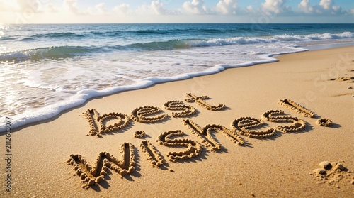 Best wishes written in golden sand on tropical beach. Soft ocean waves wash shore near handwritten message. Summer holiday vacation scene with calm sea water. Blue sky reflects on wet sand at