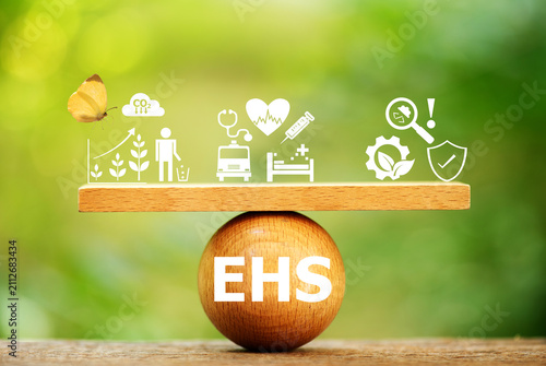 EHS text on woods and icons on natural background.