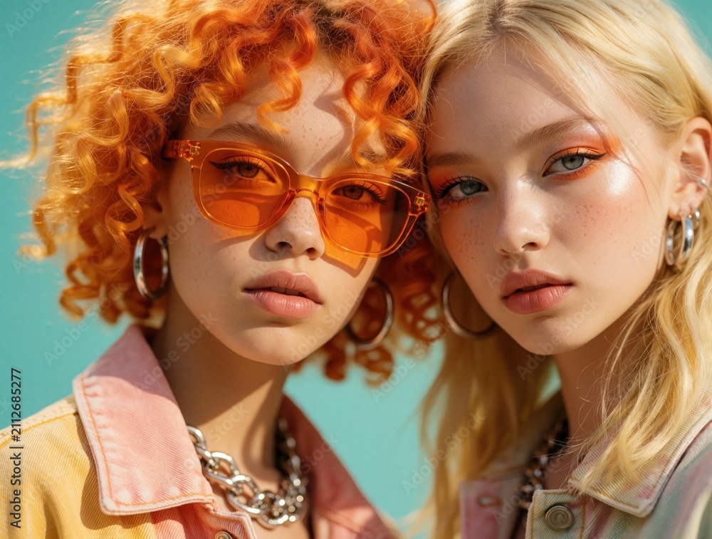 Obraz premium Two young women with trendy makeup, hairstyles pose closely together. One wears bright orange sunglasses, colorful denim jacket, blonde wavy hair, striking eye shadow. Both wear large hoop earrings.