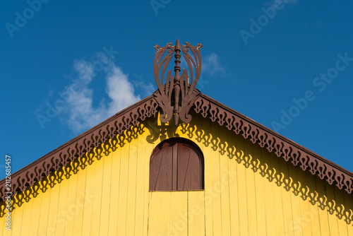 Decorative wooden trim (lambrequim) on a historic colonial house in Antônio Prado, Rio Grande do Sul, Brazil