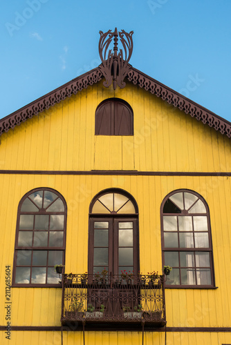Decorative wooden trim (lambrequim) on a historic colonial house in Antônio Prado, Rio Grande do Sul, Brazil