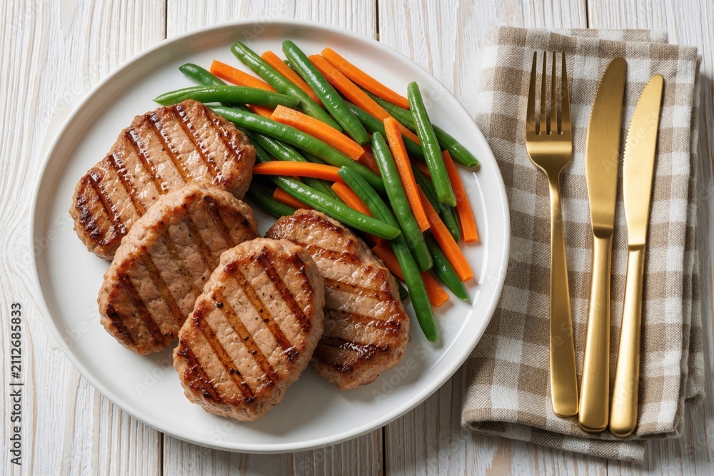 Obraz premium Grilled pork loin cutlets served with steamed green beans, carrot sticks on white ceramic plate. Golden cutlery rests on checkered napkin over rustic wooden table background. Top view flat lay shot