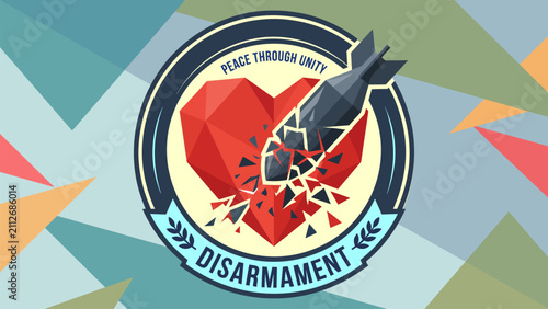 Foto Symbolic badge featuring a broken weapon and heart representing disarmament, reconciliation, peacebuilding, humanitarian action, and global harmony