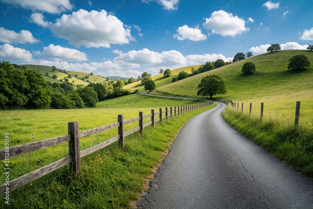 Fototapeta premium Winding asphalt road through green rolling hills and meadows. Wooden fence lines a farm track under a blue sky with white clouds. Lush trees dot the landscape on a sunny summer day.