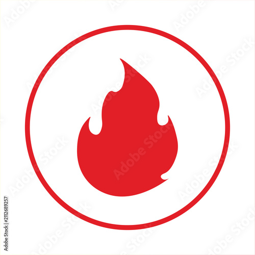 Flat red fire flame icon in a circle outline. Minimalist hot temperature symbol, danger warning sign or spicy food indicator. Isolated vector illustration for UI design and caution labels.