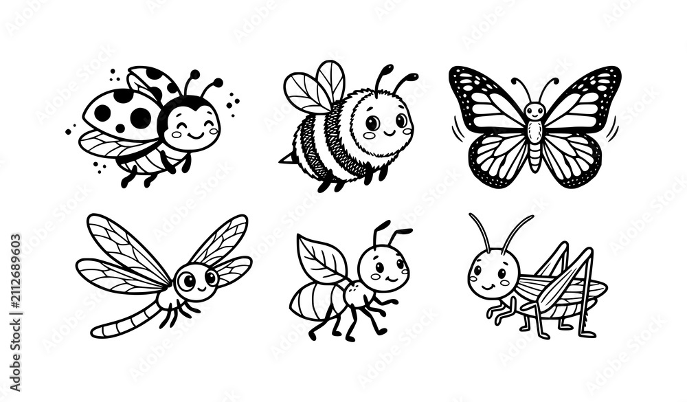 Fototapeta premium Cute Garden Insect Cartoon Line Art Vector Collection