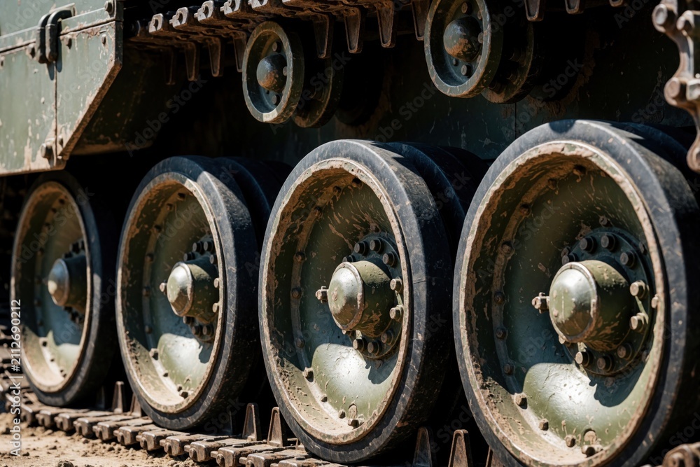 Obraz premium Close up view of heavy tank tracks, road wheels. Dirty steel military vehicle suspension parts show green camouflage paint. Armored battle machine mechanics stand on dry ground. Powerful combat