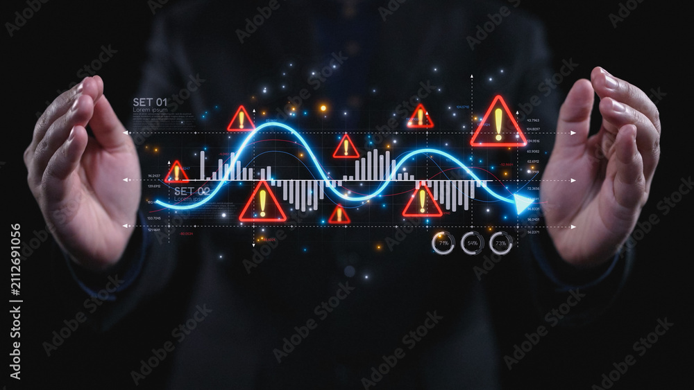 Naklejka premium Economic caution visual showing risk alerts and financial volatility. Warning signs highlight economic downturn, market risk, finance crisis, and uncertainty in data-driven analysis. Elide