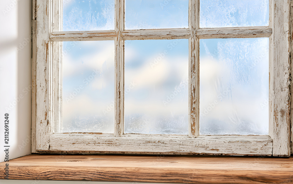 Fototapeta premium Old wooden window with worn sill and single pane new glass reflecting sky, symbolizing window replacement and home renewal.