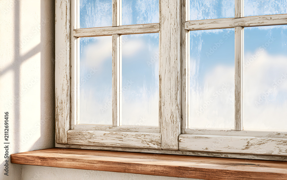 Fototapeta premium Old wooden window with worn sill and single pane new glass reflecting sky, symbolizing window replacement and home renewal.