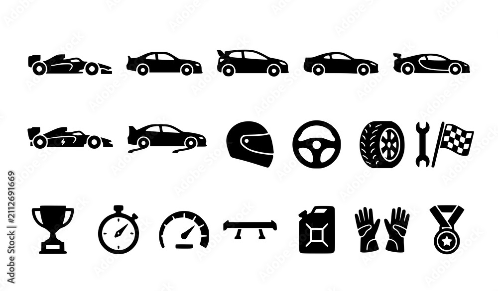 Obraz premium Racing icon set cars parts and accessories in silhouette style