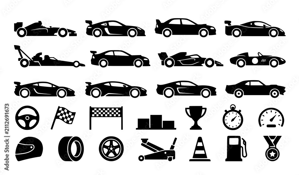 Obraz premium Racing car icons and motorsports elements collection in black and white