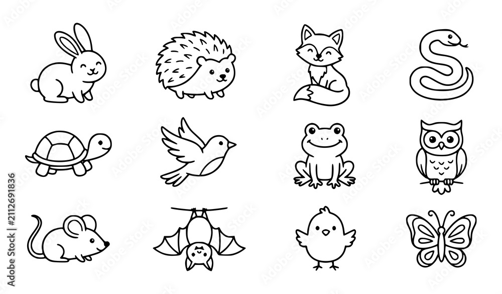 Obraz premium Cute animal line art collection for children's illustration and design