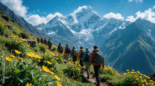 Group of hikers with backpacks walk on mountain trail. Friends trek along scenic path near meadow with yellow flowers. People explore wilderness valley with snowy peaks on background. Team enjoys
