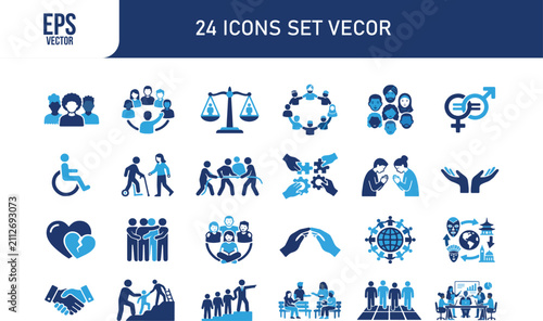 Social Inclusion and Human Rights Icon Set, 24 Blue Vector Icons for Diversity and Equality, Community Support and Disability Symbols