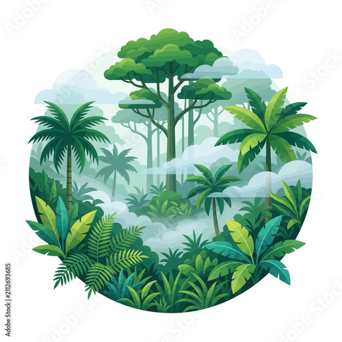 Tropical jungle with lush green foliage.
