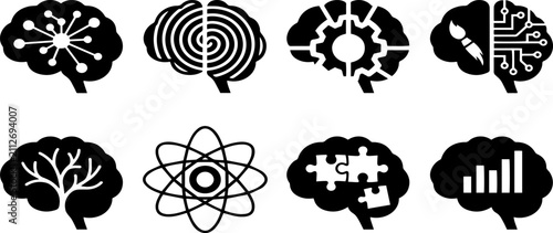 Set of eight black brain icons representing various concepts of human cognition intelligence creativity and scientific thinking processes