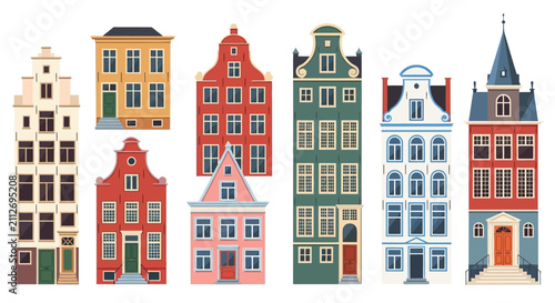 Vibrant collection of classic European urban townhouses with unique gabled roofs, showcasing traditional architectural styles in a charming, illustrative cartoon set
