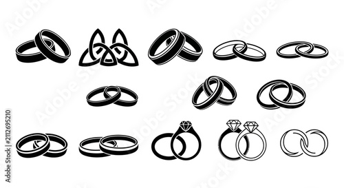 Collection of wedding ring icon vectors set in black and white silhouette for marriage commitment and love concepts