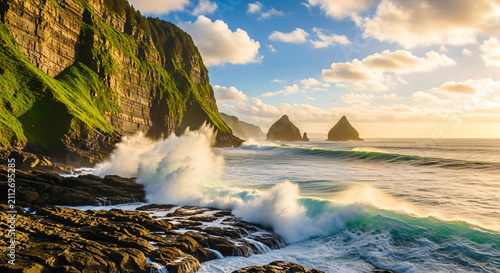 Ocean Waves Crashing On Rocky Cliffs At Sunset Landscape