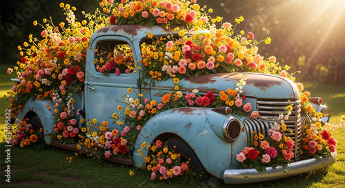Vintage Blue Pickup Truck With Colorful Flowers In Sunlit Field