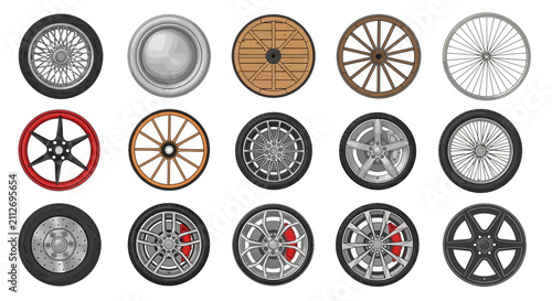 Fotografie Diverse wheel designs automotive rims, wooden wagon wheels, bicycle spokes