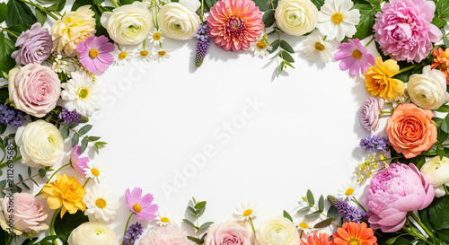 Floral Frame Border Colorful Flowers On White Background Flat Lay