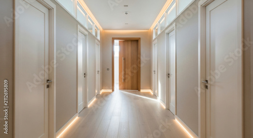 Modern Hallway Interior With White Doors Wood Entrance Warm Lighting
