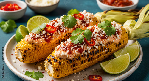 Grilled Corn Cob With Cheese Chili Lime Cilantro Close Up