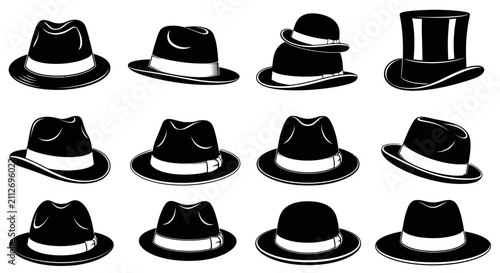 Foto Vintage gentleman hat collection, set of 12 black fedora and top hat vector icon