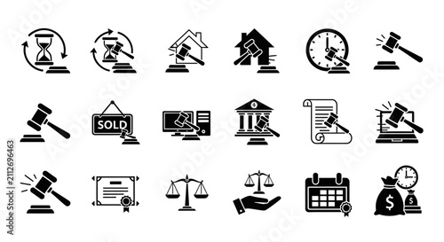 Auction and legal icon set with 18 black glyph symbols, judge gavel and law justice icons, real estate bidding and online court vector elements